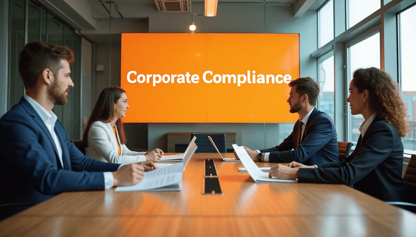 Business team reviewing compliance in bright Amsterdam boardroom