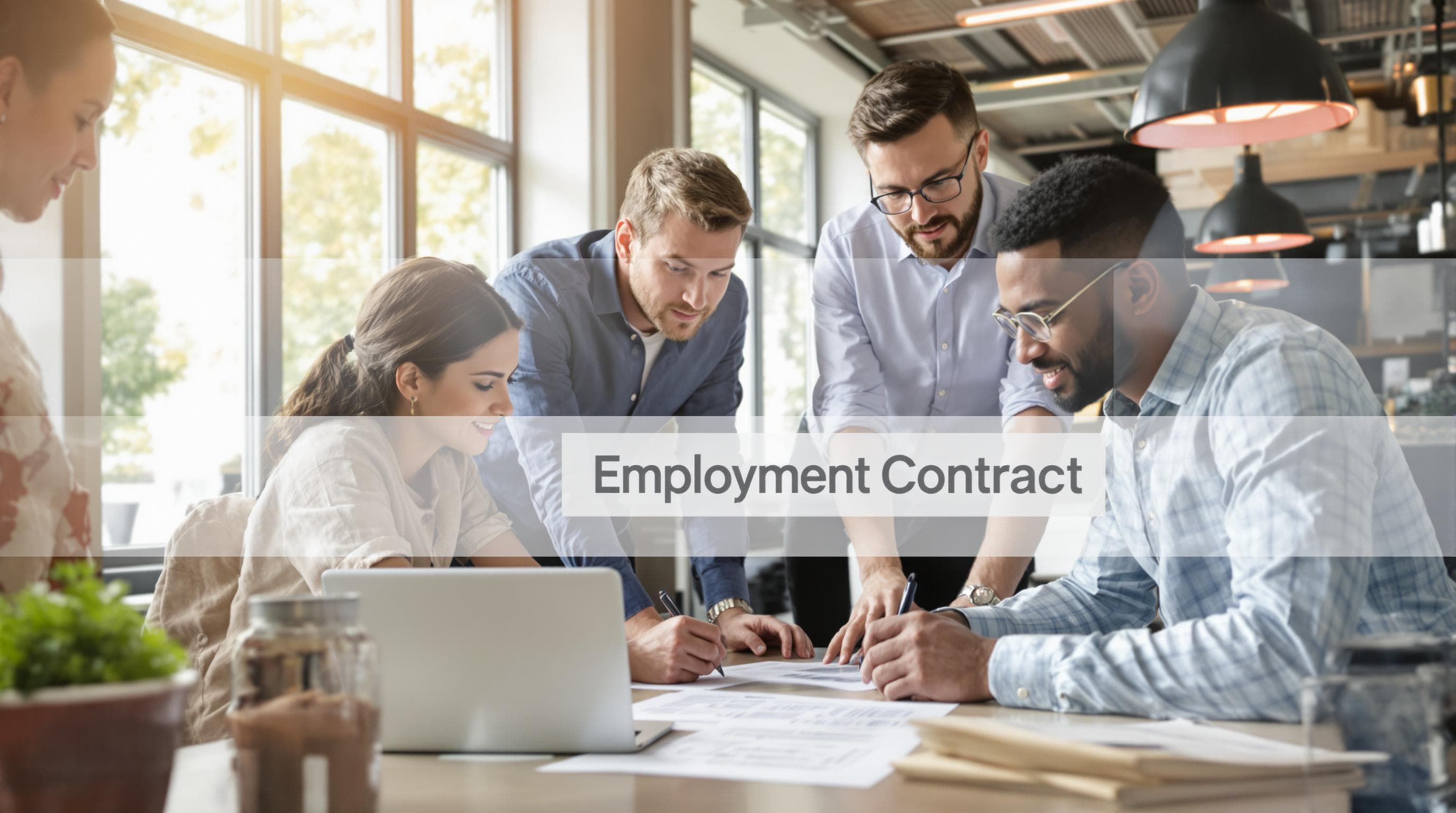 Dutch office scene with manager and employees signing employment contract