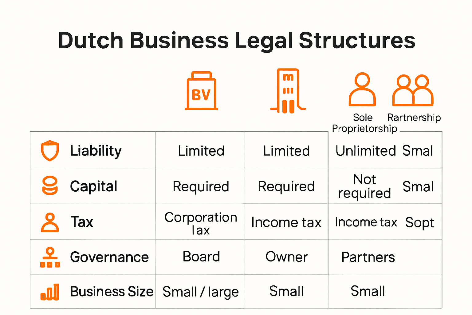 Infographic comparing Dutch business entity types, liability and structures