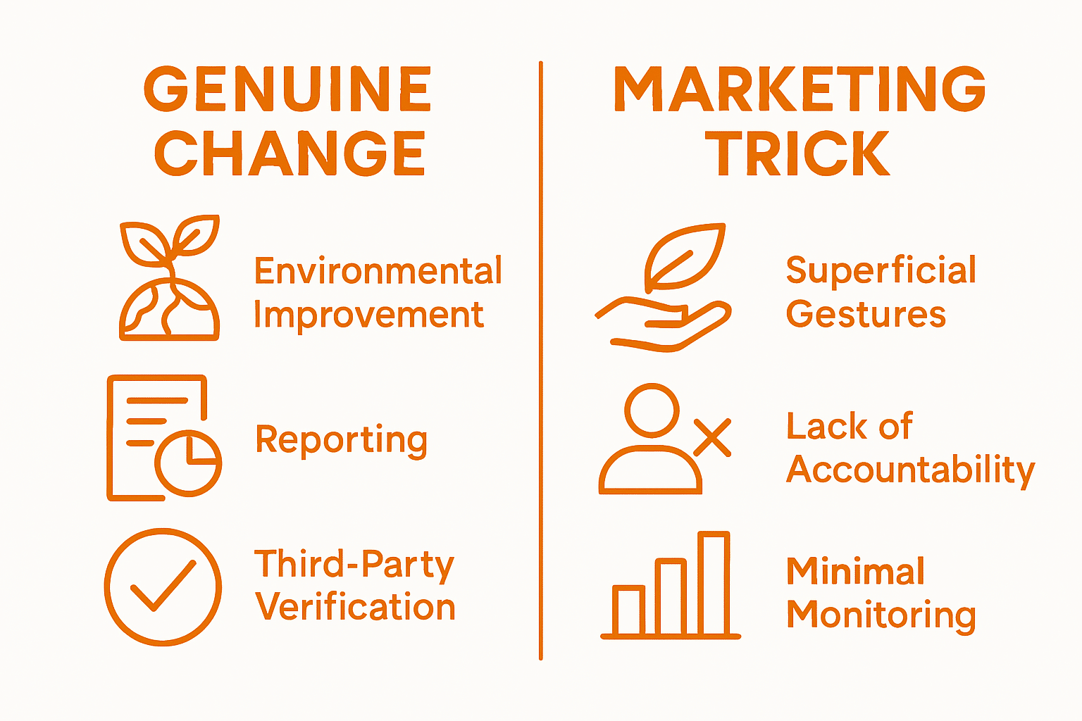 Infographic comparing genuine sustainability change to marketing trick in Dutch contracts