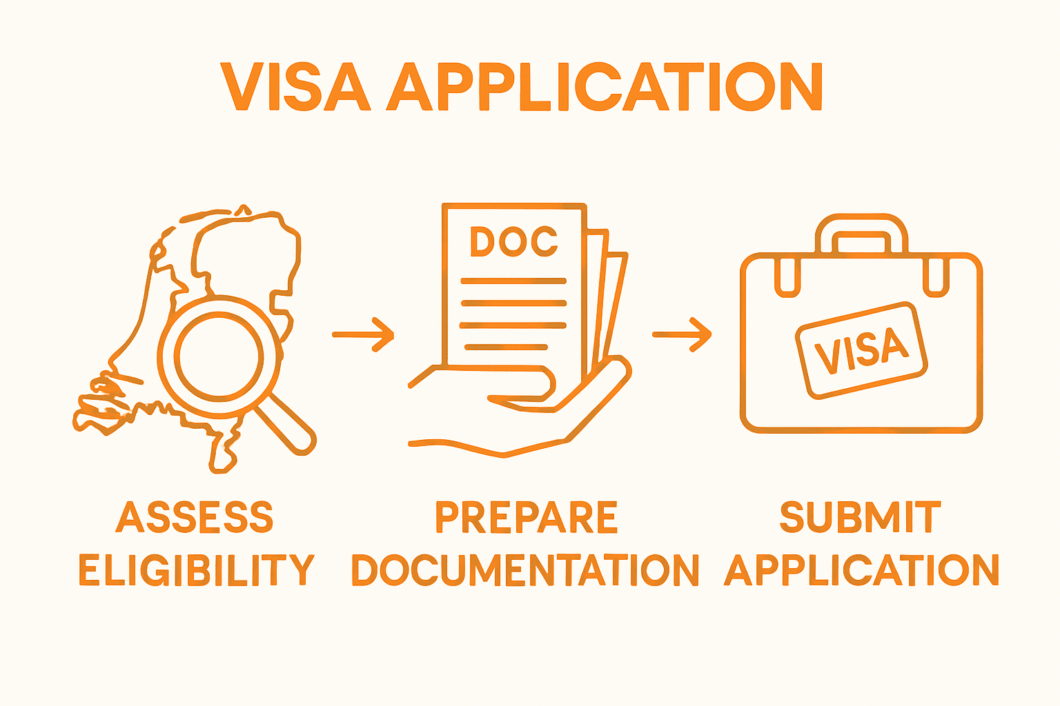 Infographic showing three-step Netherlands immigration process in icons