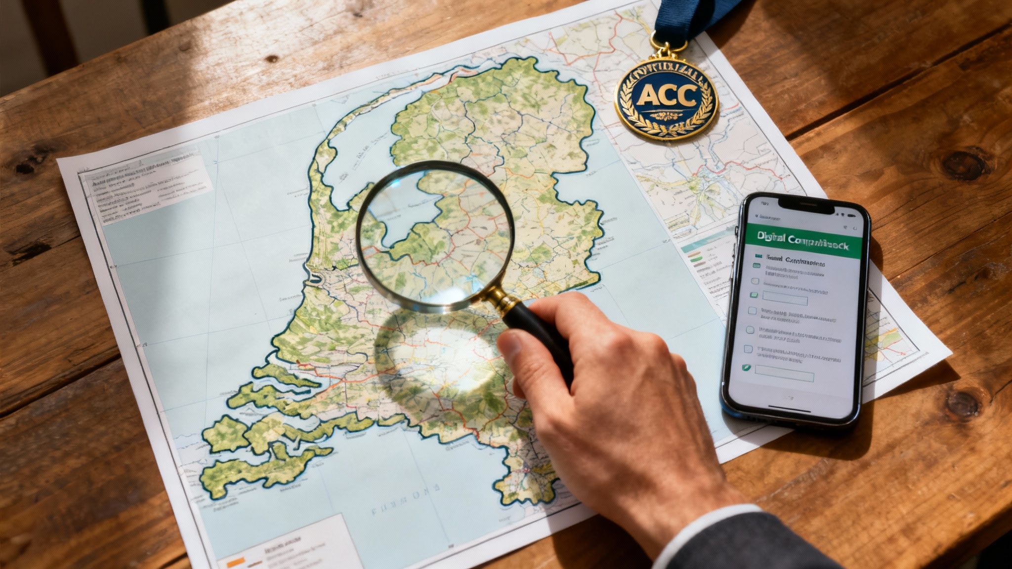 A microscope focusing on a map of the Netherlands, signifying local regulatory scrutiny.