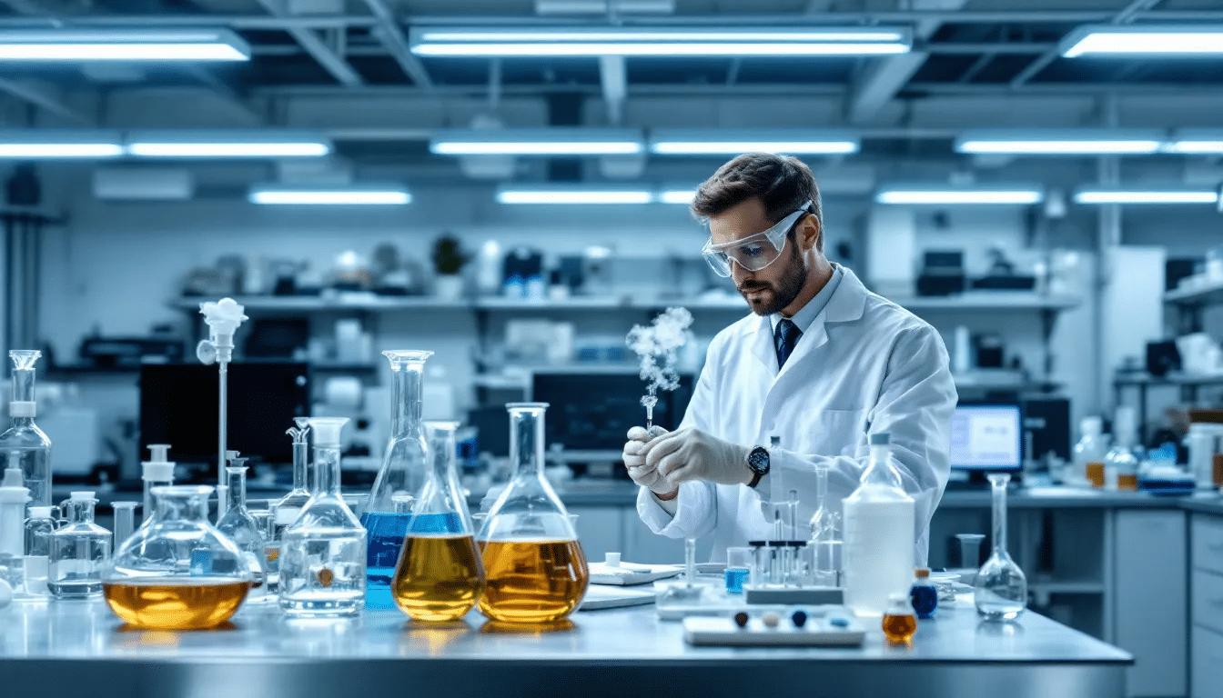 De afbeelding toont een laboratoriumomgeving vol met chemische apparatuur die wordt gebruikt voor onderzoek naar nieuwe psychoactieve stoffen. Deze stoffen kunnen onder de opiumwet vallen, waarbij strenge regels en voorwaarden gelden voor productie en gebruik in Nederland.