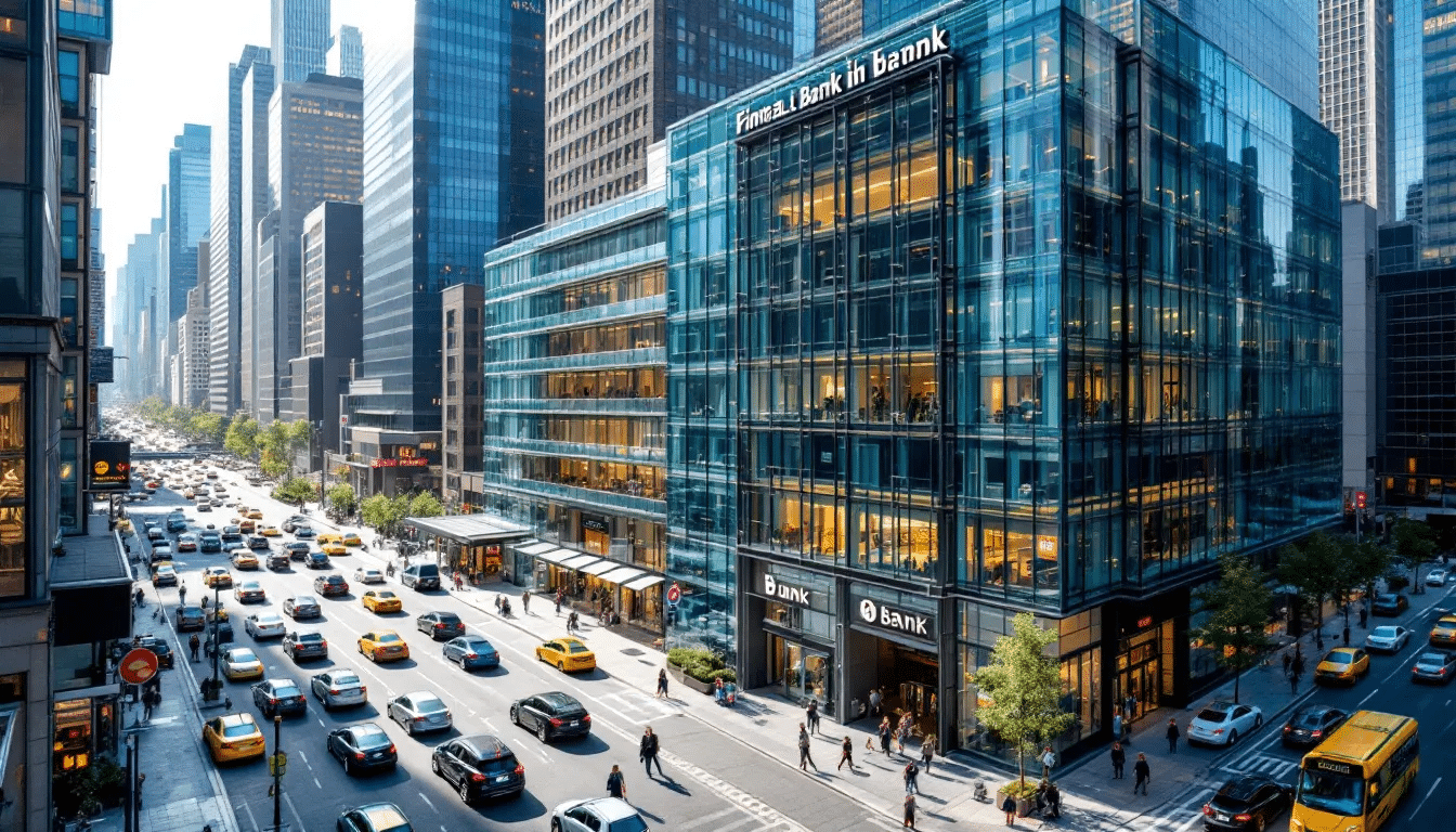 A financial district with modern bank buildings, the setting in which criminal money is laundered through companies and property.