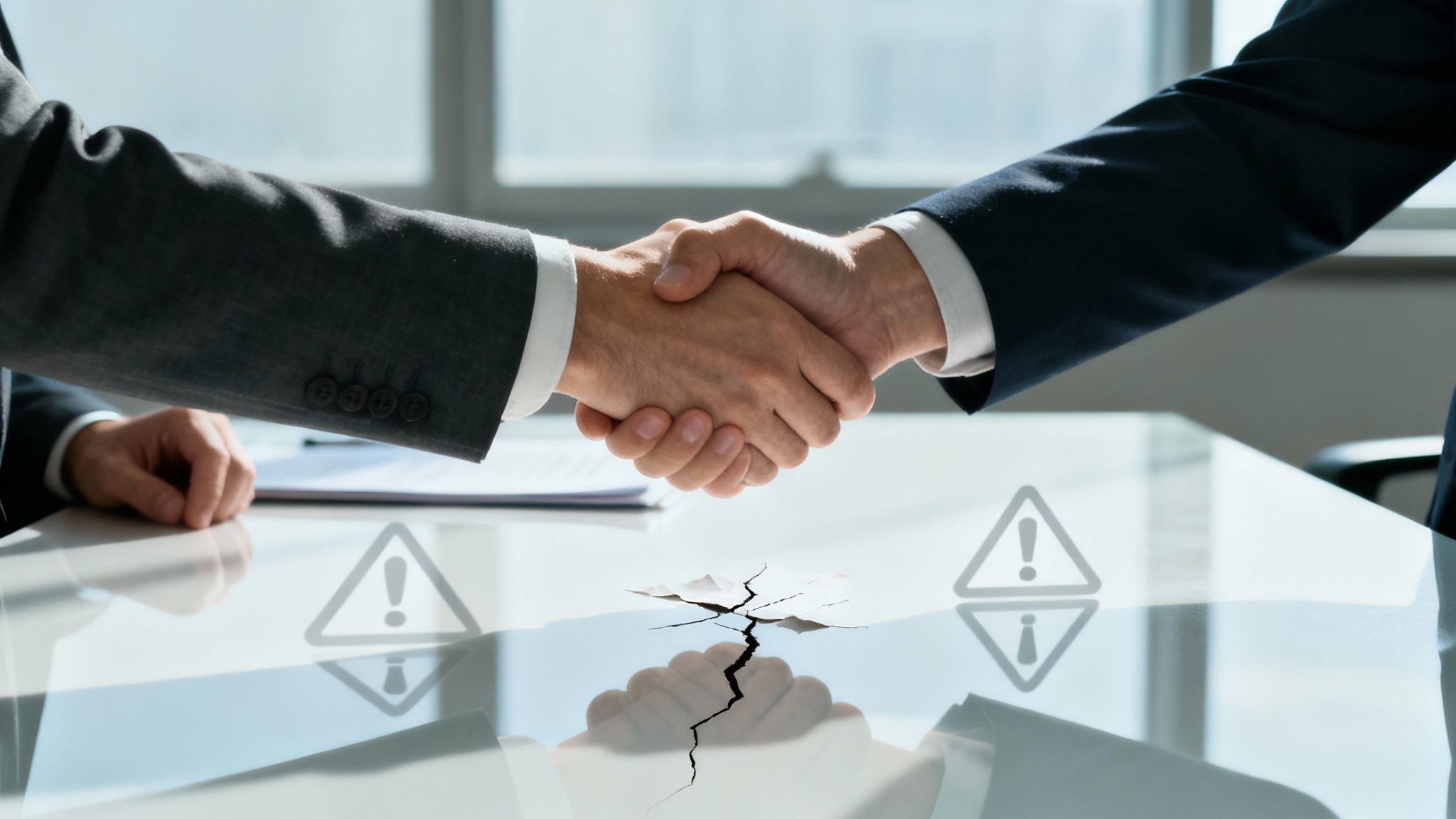 Two people shaking hands across a desk, signing a contract with a magnifying glass nearby, representing legal scrutiny.