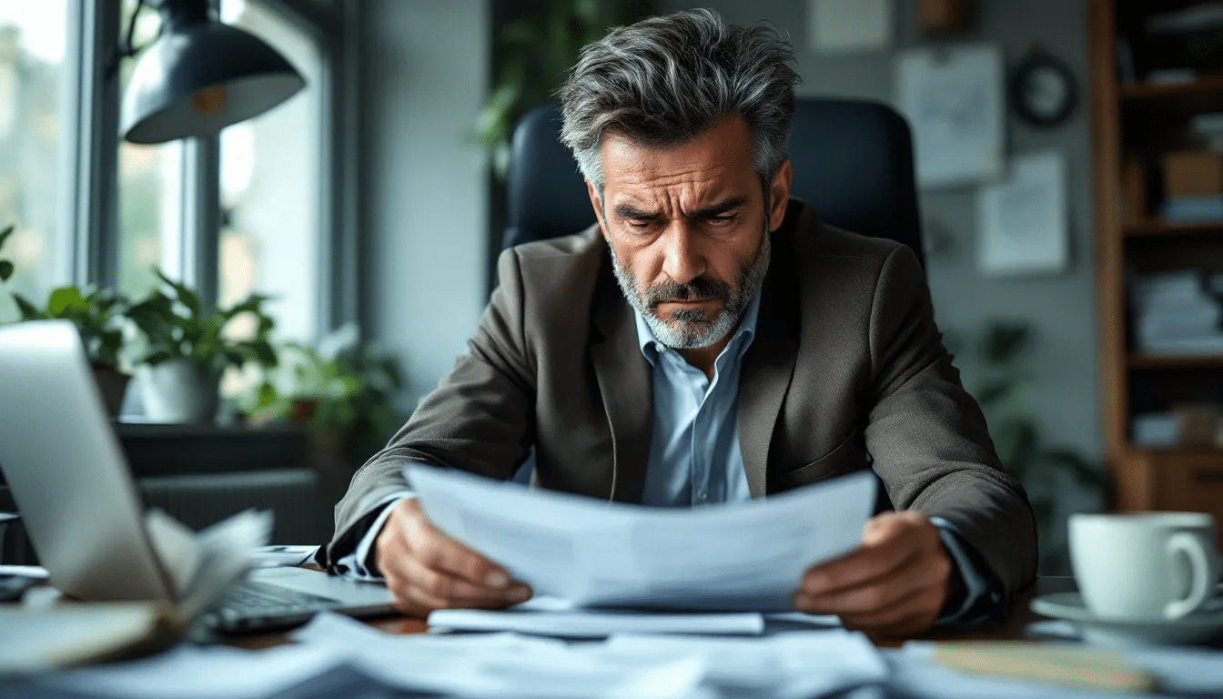 Een gestreste ondernemer zit achter een bureau vol financiÃ«le documenten en onbetaalde rekeningen, terwijl hij zich zorgen maakt over zijn financiÃ«le verplichtingen en de mogelijkheid van een faillissementsaanvraag. De chaos op zijn bureau weerspiegelt de druk van schulden en de dreiging van een faillietverklaring.