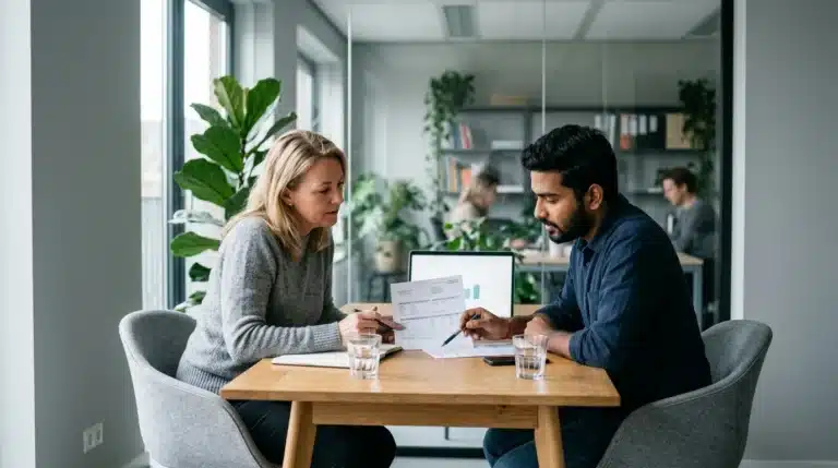 A woman and a man discussing a document across a table in an office