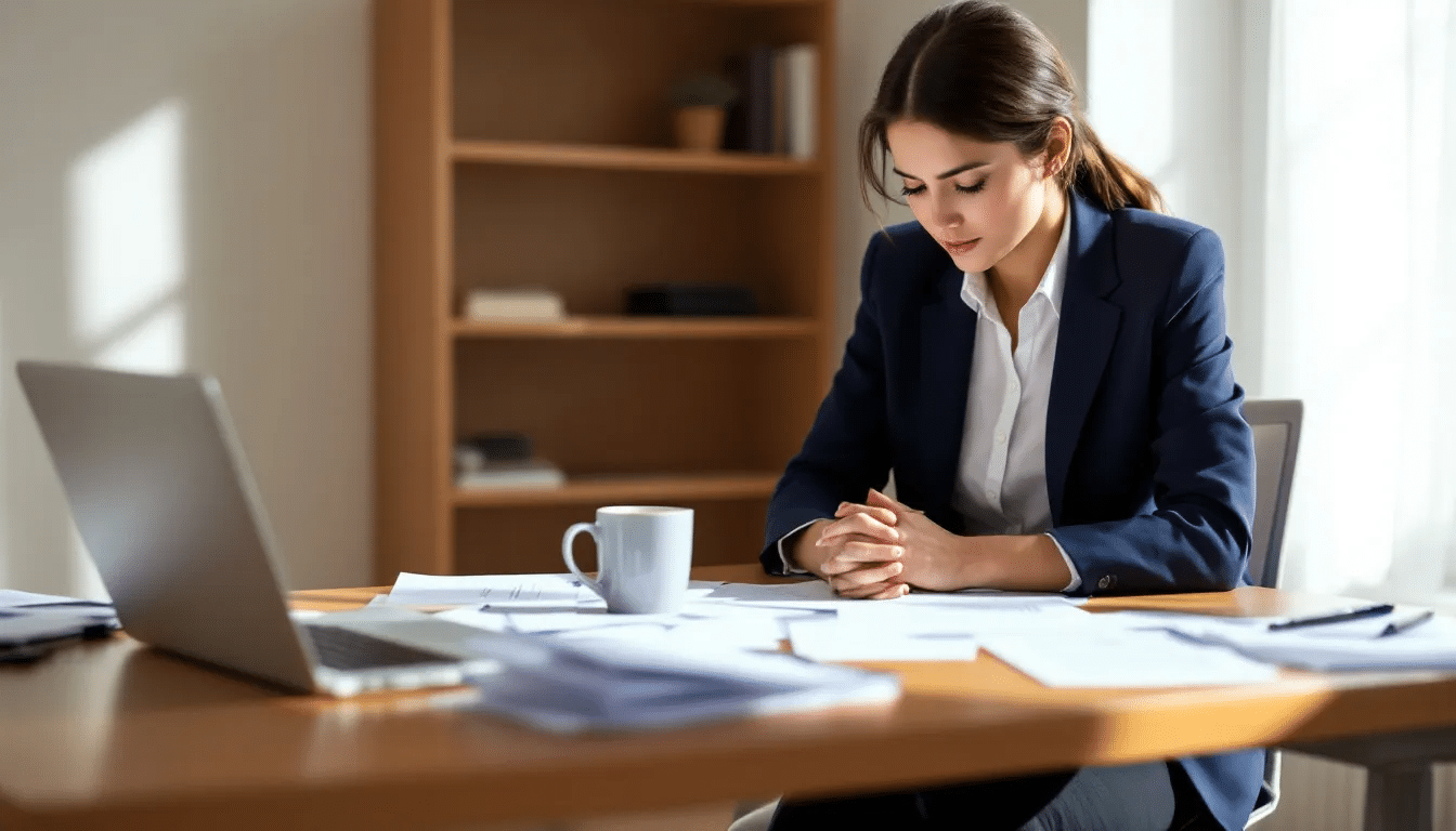 Een vrouw zit aan een tafel met documenten voor zich en kijkt nadenkend. Ze lijkt in een vervelende situatie te zitten waarin ze overweegt om te scheiden, terwijl haar partner dat misschien niet wil.