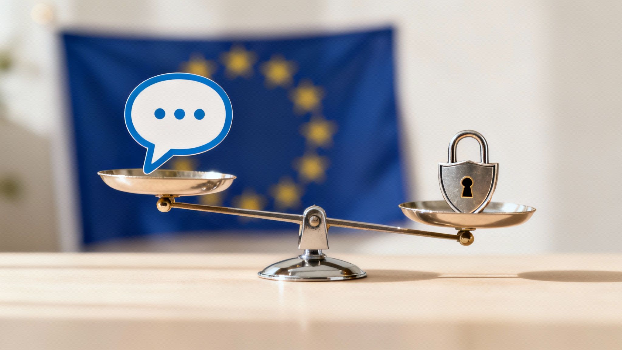 A set of legal scales balancing two glowing icons, one representing free speech and the other representing personal privacy.
