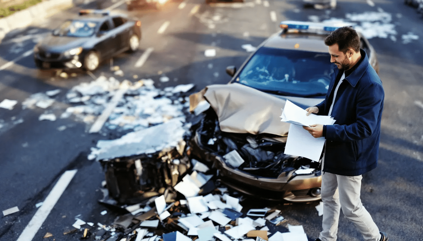A person at the scene of a road traffic accident collecting documents and photographs to establish liability and record the damage suffered.