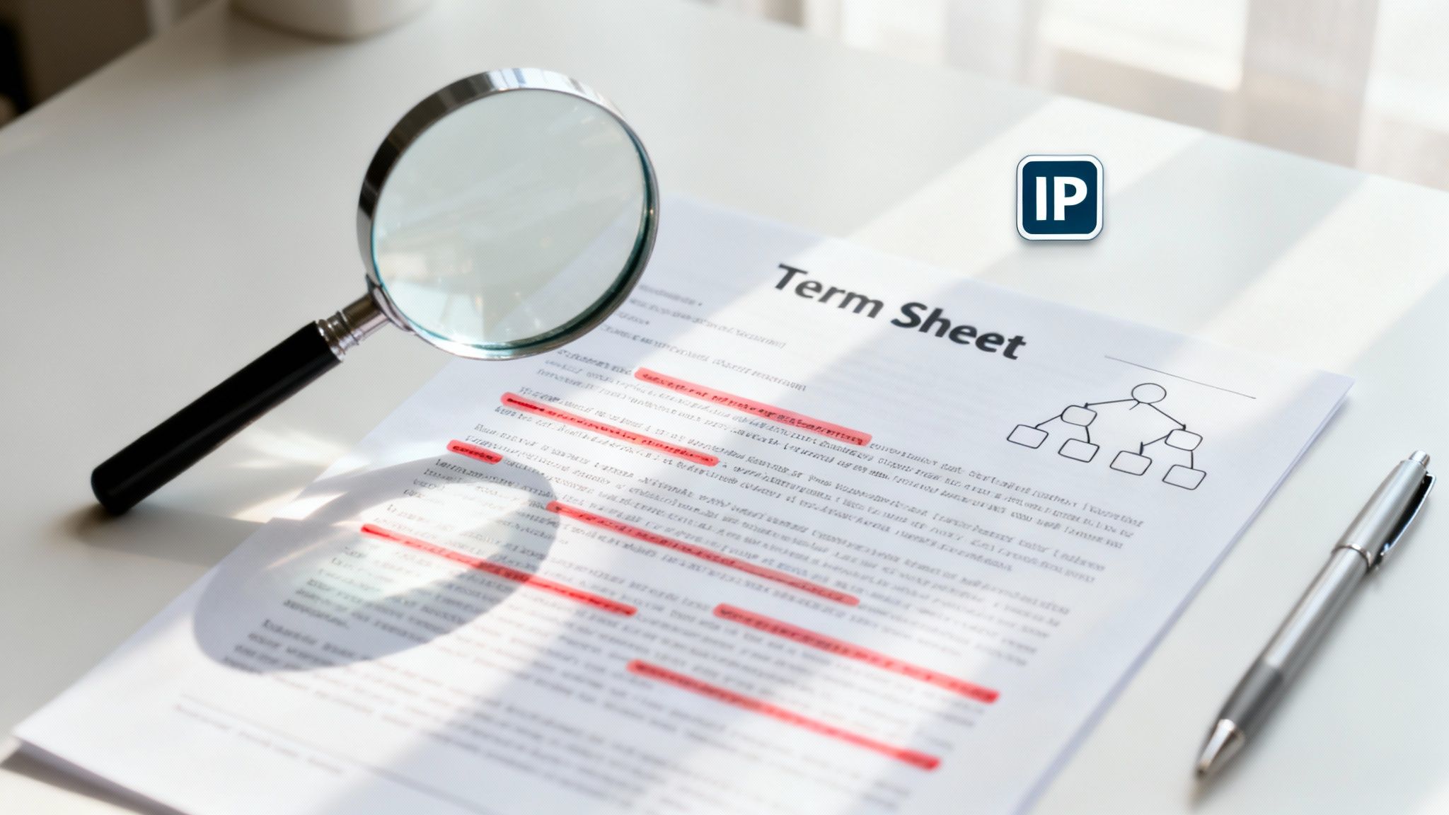 A magnifying glass hovering over a signed contract, highlighting potential legal risks and red flags.