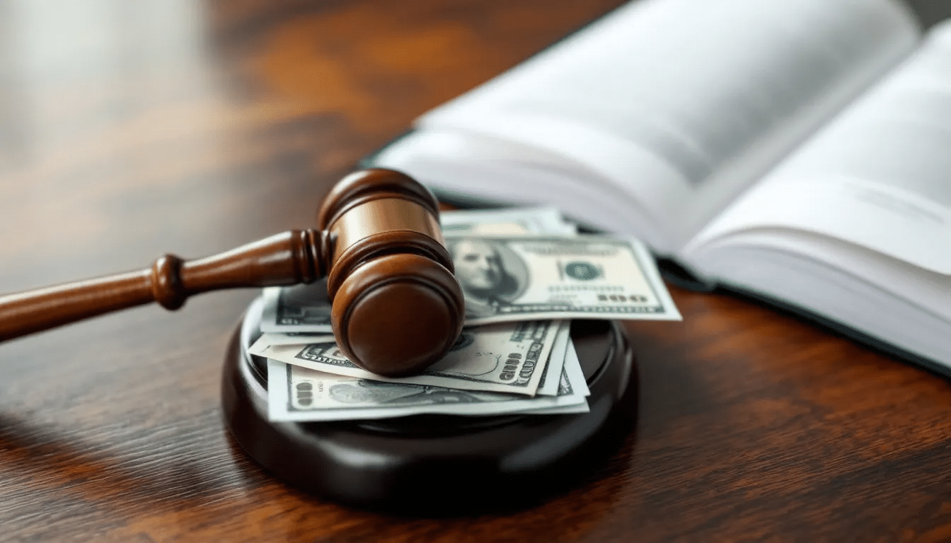 A gavel beside stacks of cash and legal documents, illustrating money laundering as a criminal offence.