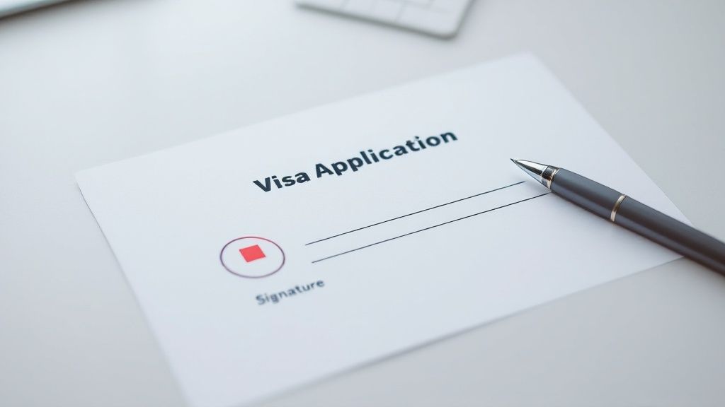 A person carefully reviewing documents at a desk, symbolising the meticulous checking required for a visa application.