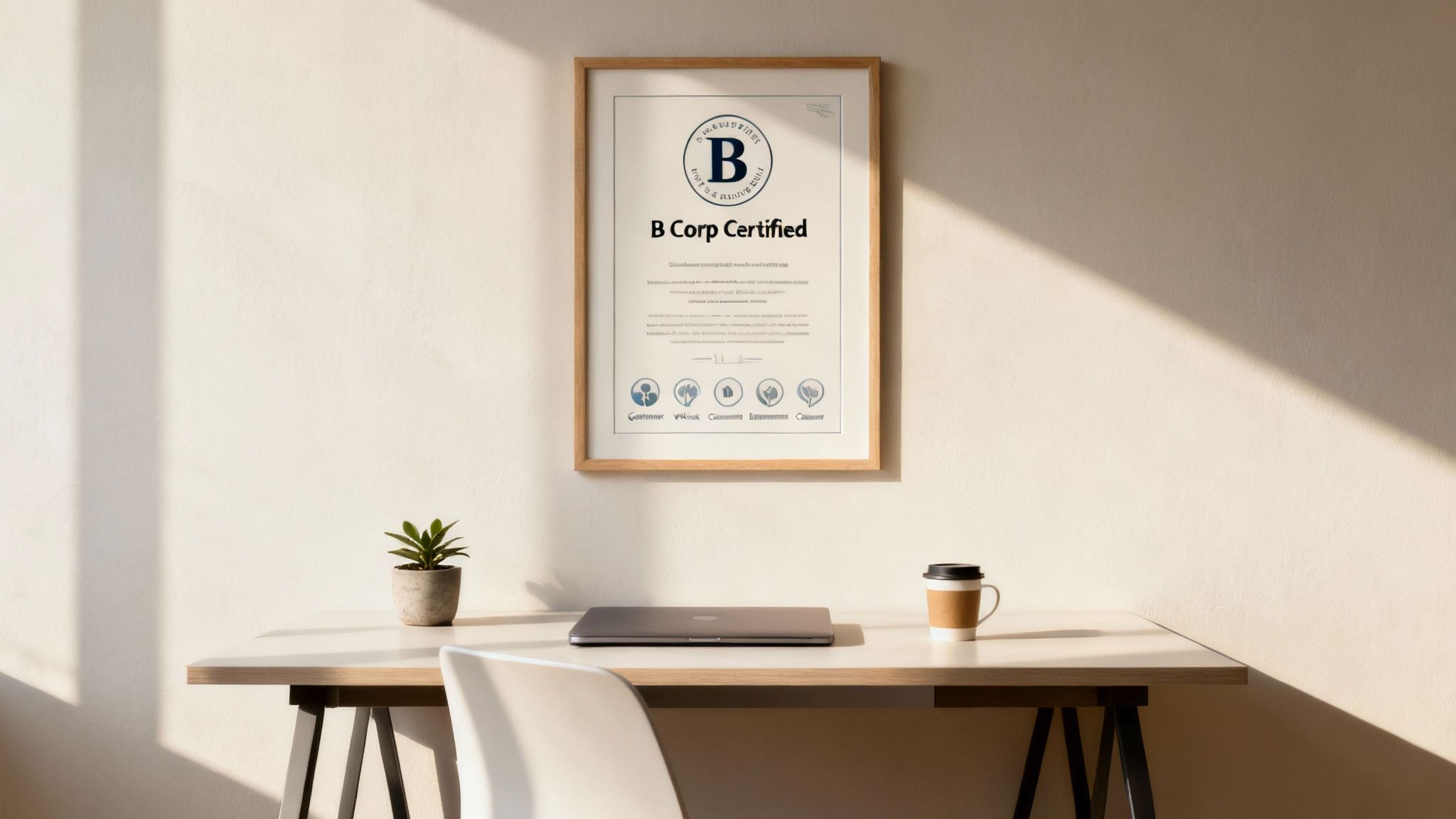 A magnifying glass focusing on the words 'People, Planet, Profit', illustrating the core pillars of a B Corp