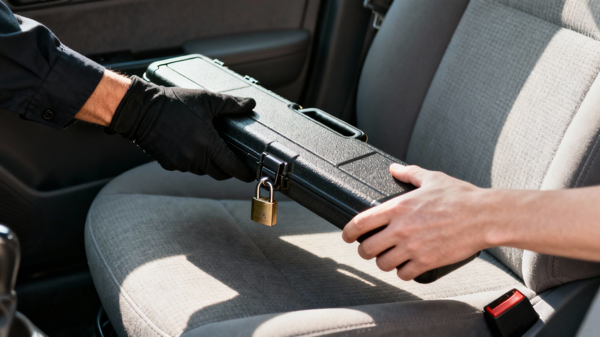 A firearm resting on a legal document next to a pair of handcuffs, symbolising the fine line between legal ownership and criminality.