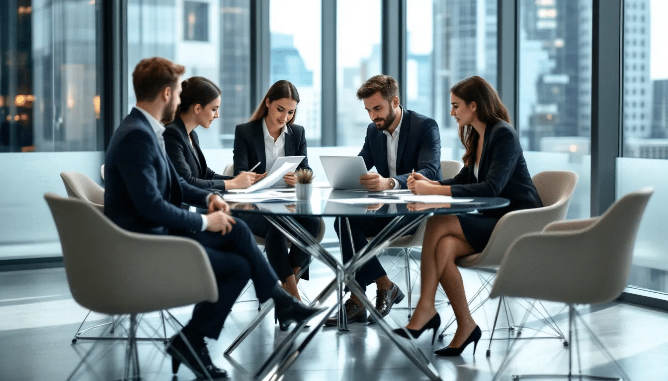 Een groep zakelijke professionals bespreekt documenten aan een modern conferentietafel, waarbij ze zich richten op onderwerpen zoals de Nederlandse corporate governance code en de naleving van regels voor beursgenoteerde vennootschappen. De sfeer is serieus en gericht op samenwerking en verantwoording binnen het bestuur.