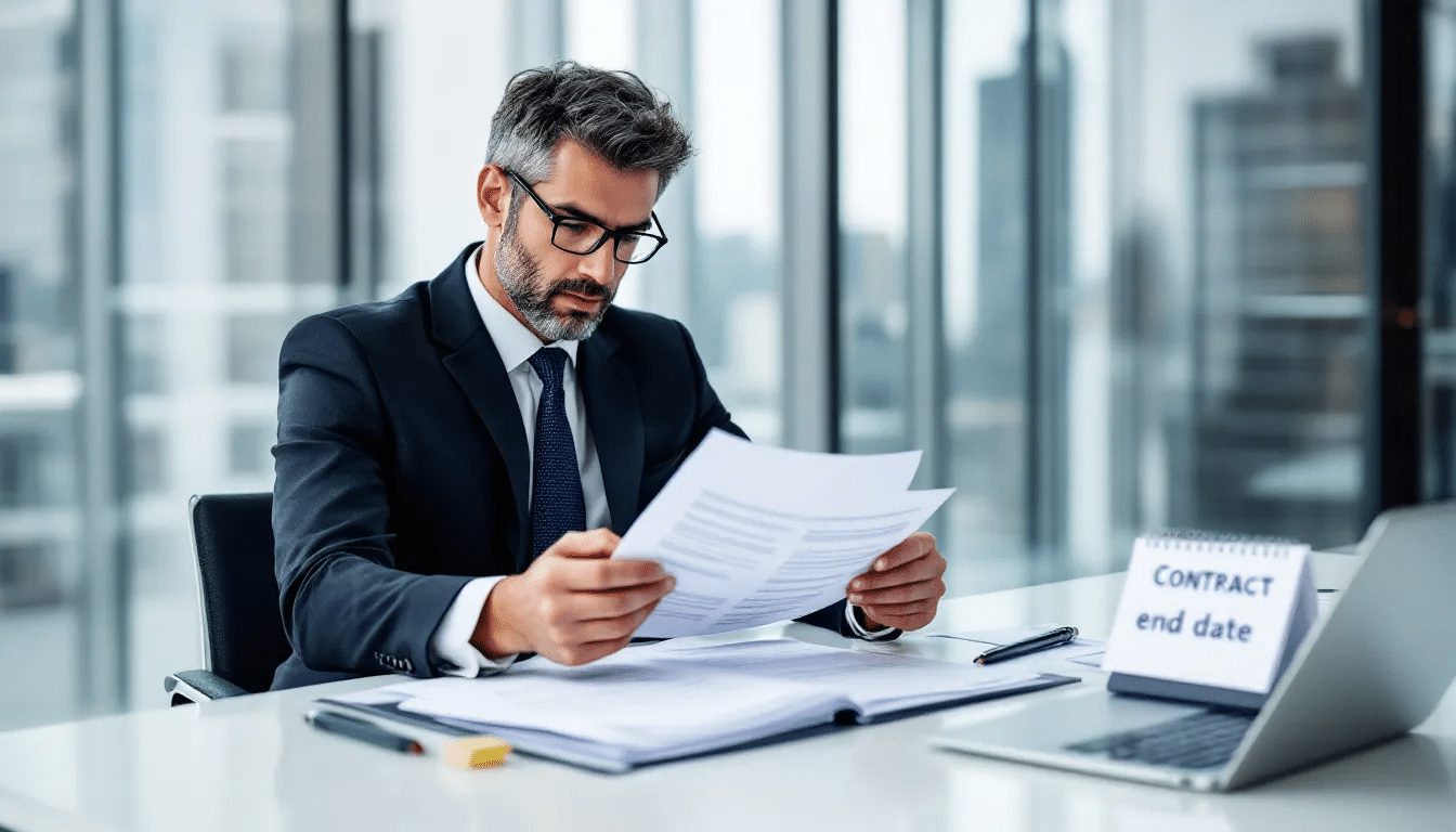 Een zakenpersoon zit aan een bureau en bekijkt contractdocumenten, terwijl een kalender met de einddatum van een tijdelijk contract zichtbaar is. De afbeelding benadrukt de noodzaak om te controleren of het contract niet wordt verlengd en de rechten van de werknemer bij beÃ«indiging van het dienstverband.