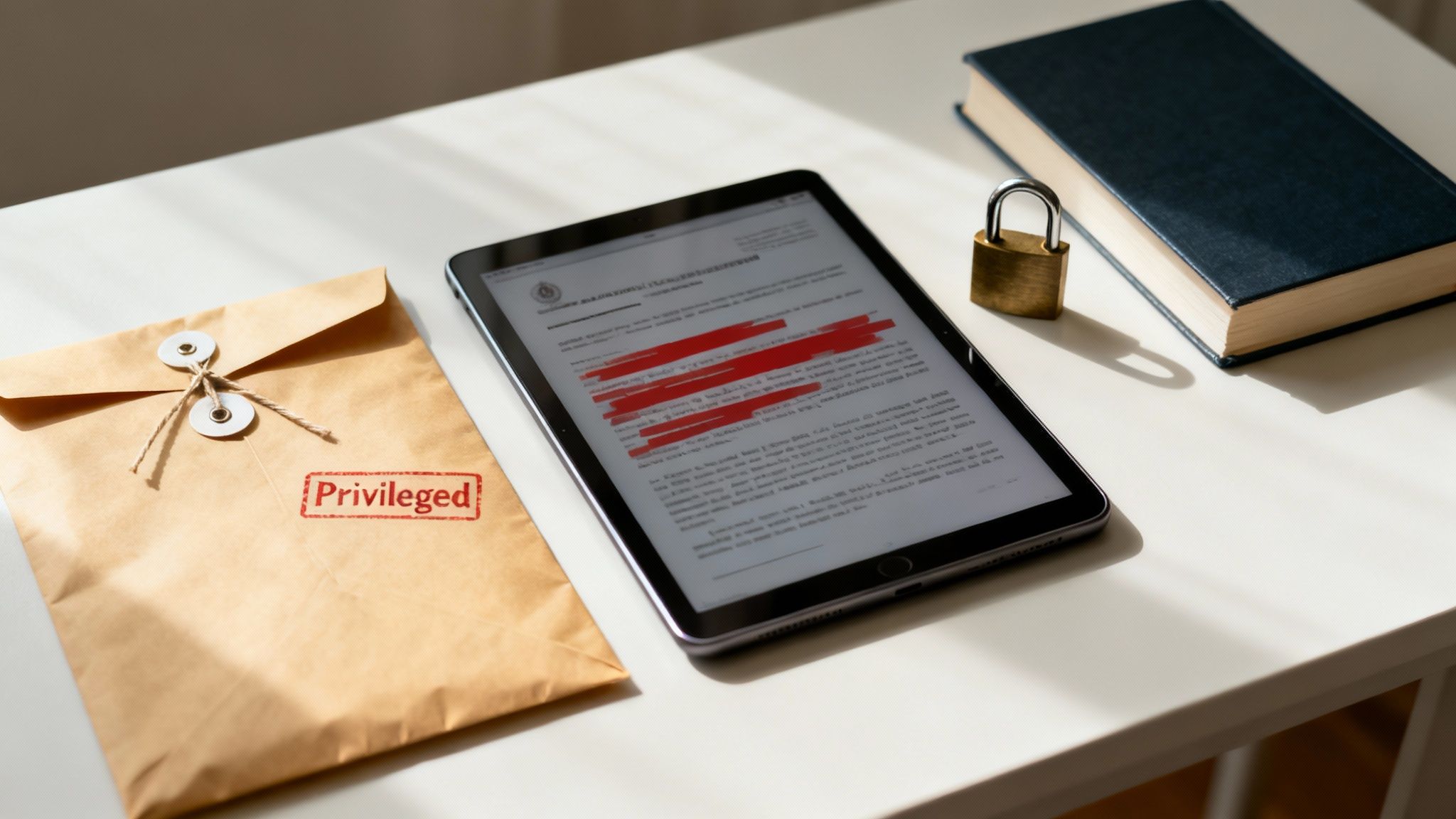 A balanced scale in a modern office, representing the balance between access to evidence and legal protections.