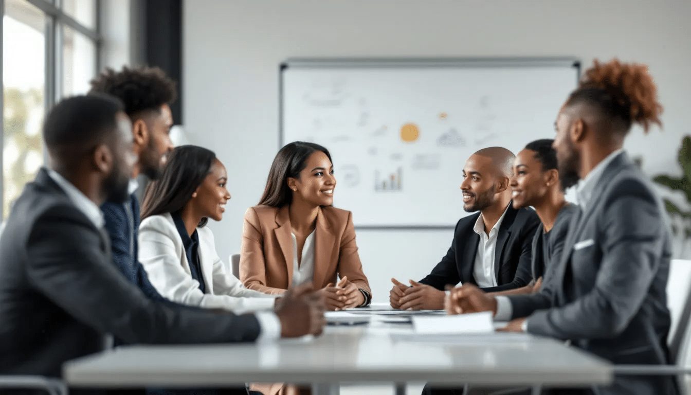 Een diverse groep zakenmensen zit aan een vergadertafel en bespreekt belangrijke onderwerpen met betrekking tot hun bedrijf. De leden van de groep lijken actief deel te nemen aan de discussie over de structuur en de voordelen van een limited liability company (LLC).
