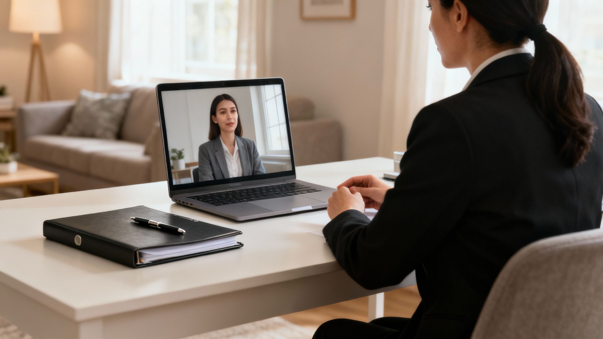 A person sitting at a desk in a home office, looking seriously at a laptop screen during a video call, illustrating a remote investigation interview.