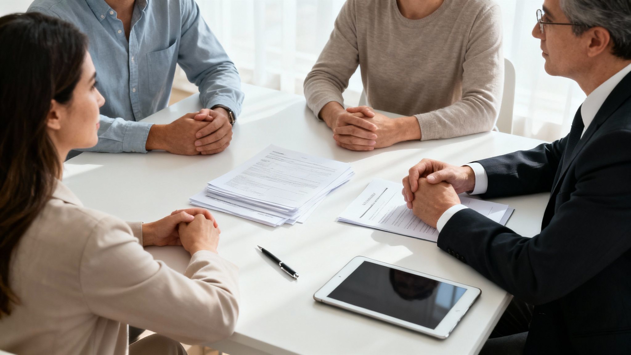 A diverse team of professionals sitting around a table, collaboratively reviewing documents and discussing a plan.