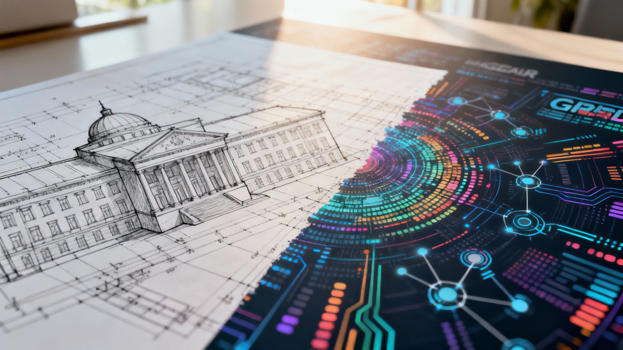 An image showing a stark contrast between a structured, blueprint-like grid and a fluid, colourful nebula, symbolising the conflict between GDPR and AI.