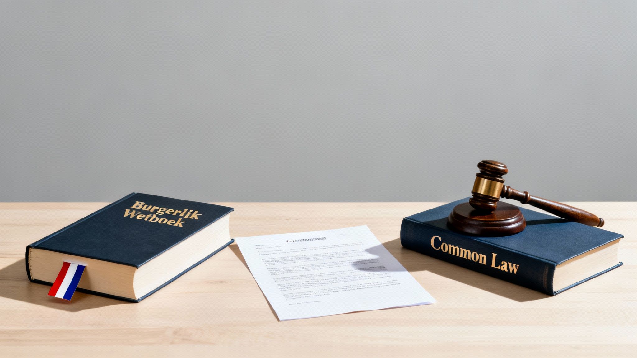 Dutch Civil Code and an international contract on a desk, illustrating differences in contract interpretation