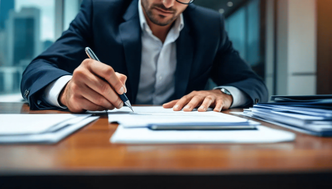 Een zakenman zit aan een bureau en ondertekent documenten, mogelijk gerelateerd aan de oprichting van een limited liability company (LLC). Op de achtergrond zijn enkele kantoorbenodigdheden zichtbaar, wat de professionele setting benadrukt.