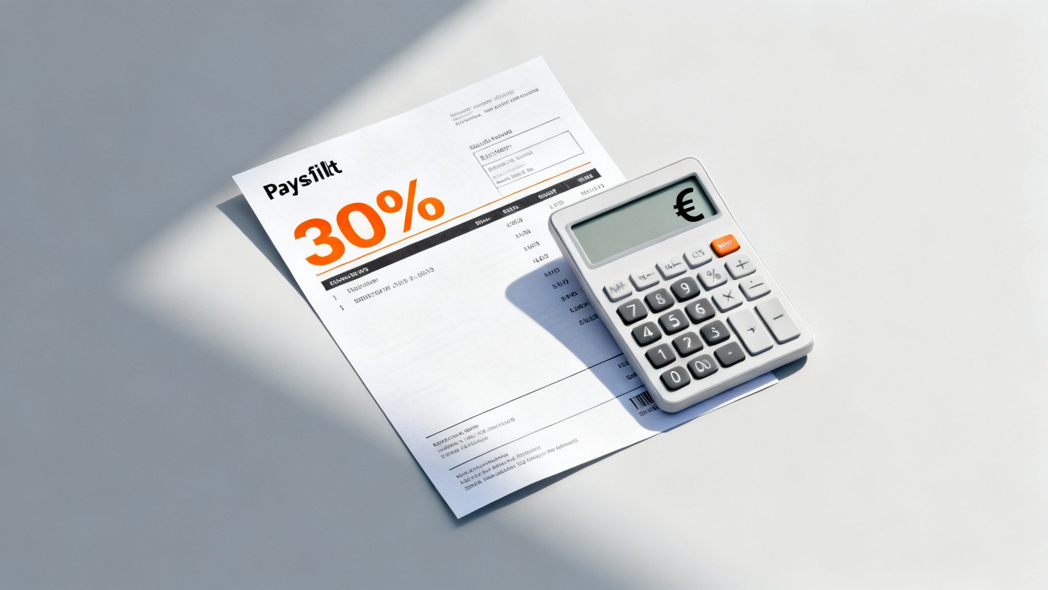 A person holding a magnifying glass over a payslip, with Dutch currency and a calculator nearby.