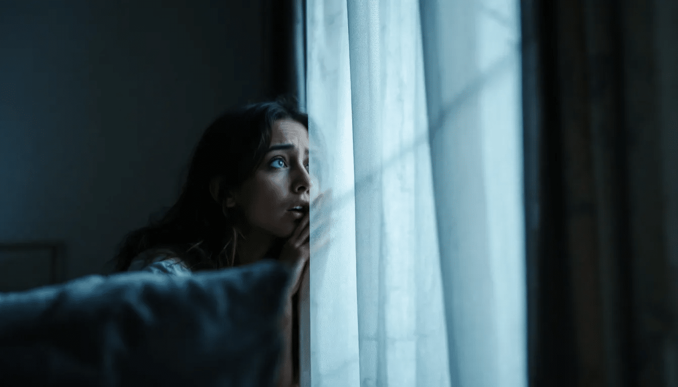 Een angstige persoon kijkt door een raam met gesloten gordijnen, duidelijk onveilig voelend door de mogelijkheid van een vermeende stalker. De situatie roept vragen op over huiselijk geweld en de noodzaak van professionele hulp en slachtofferhulp in Nederland.