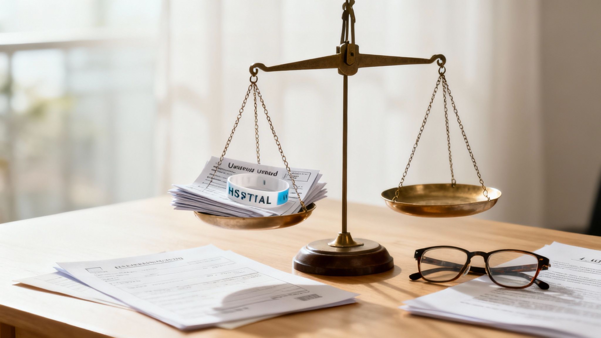 A legal gavel and scales of justice resting on a wooden desk.