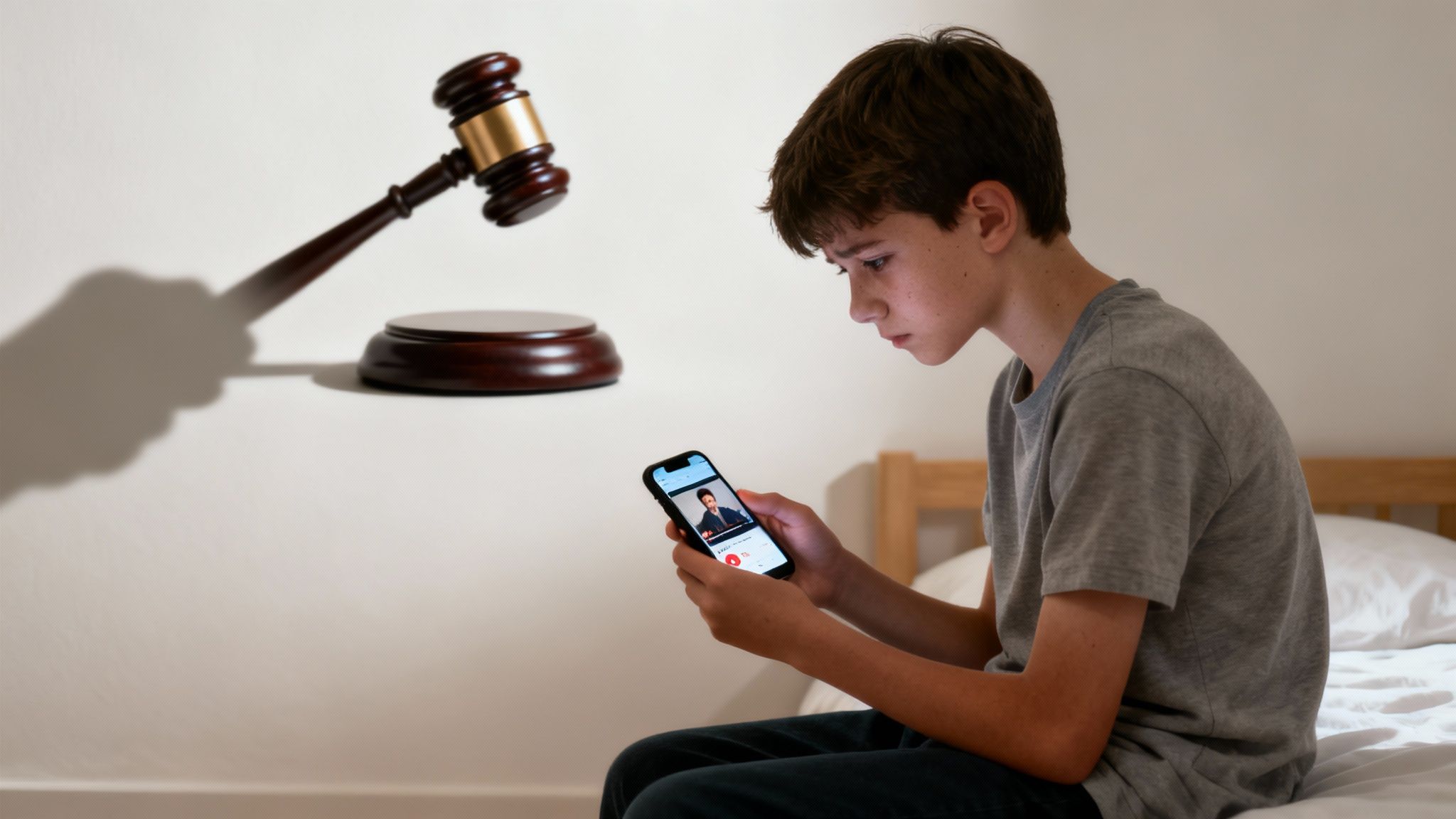 A young person looking at a smartphone, with a concerned expression, against a dark, moody background.