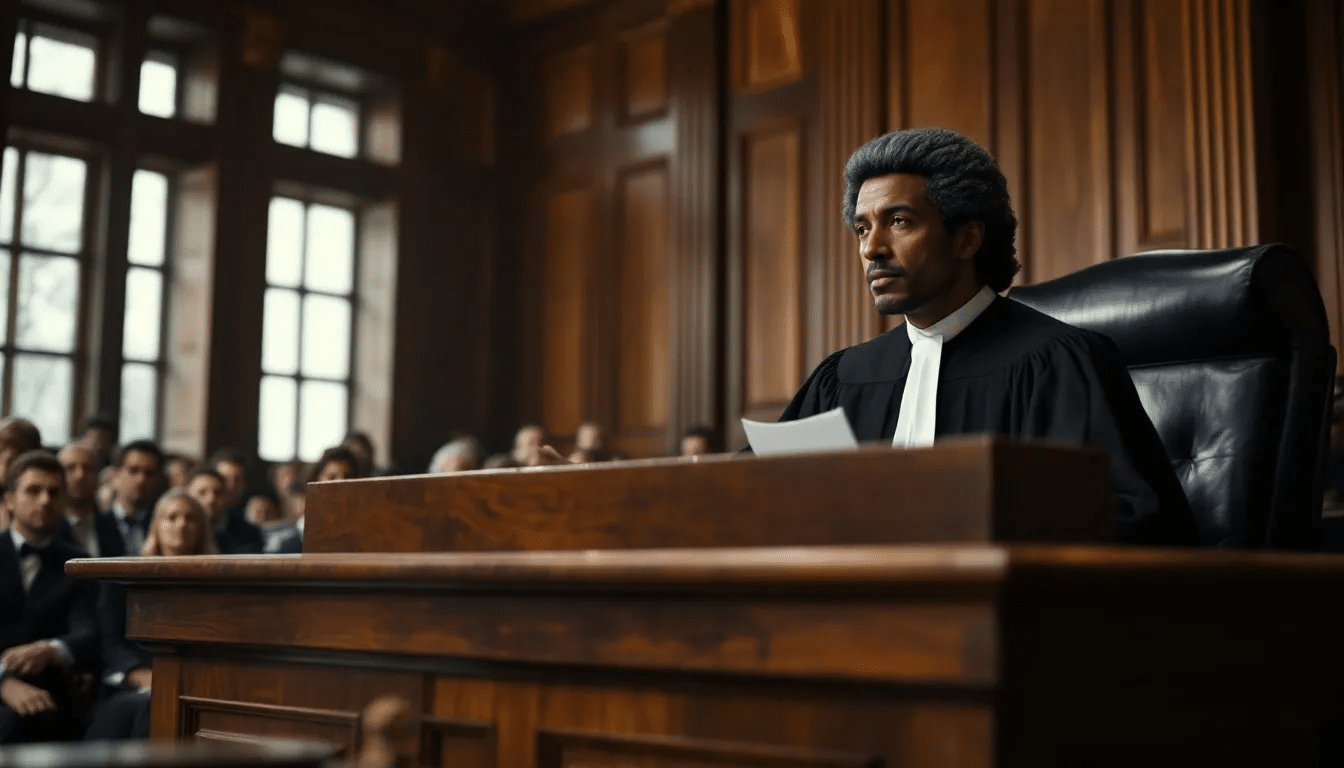 Een rechter spreekt een vonnis uit in een Nederlandse rechtszaal, waarbij hij de materiÃ«le wederrechtelijkheid van het strafbare feit bespreekt. De sfeer is serieus, met aandacht voor de wettelijke voorschriften en de mogelijke rechtvaardigingsgronden die van toepassing kunnen zijn.