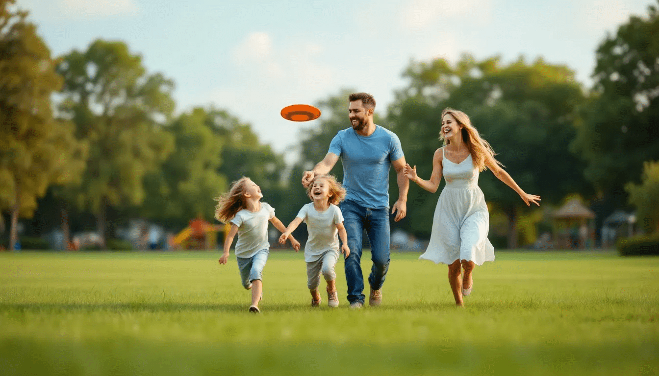 In het park spelen gescheiden ouders samen met hun kinderen, waarbij ze genieten van quality time ondanks de uitdagingen van hun scheiding. Dit beeld benadrukt het belang van contact tussen ouders en kinderen van gescheiden ouders, en toont hoe ze samen kunnen blijven werken aan een positieve ontwikkeling.