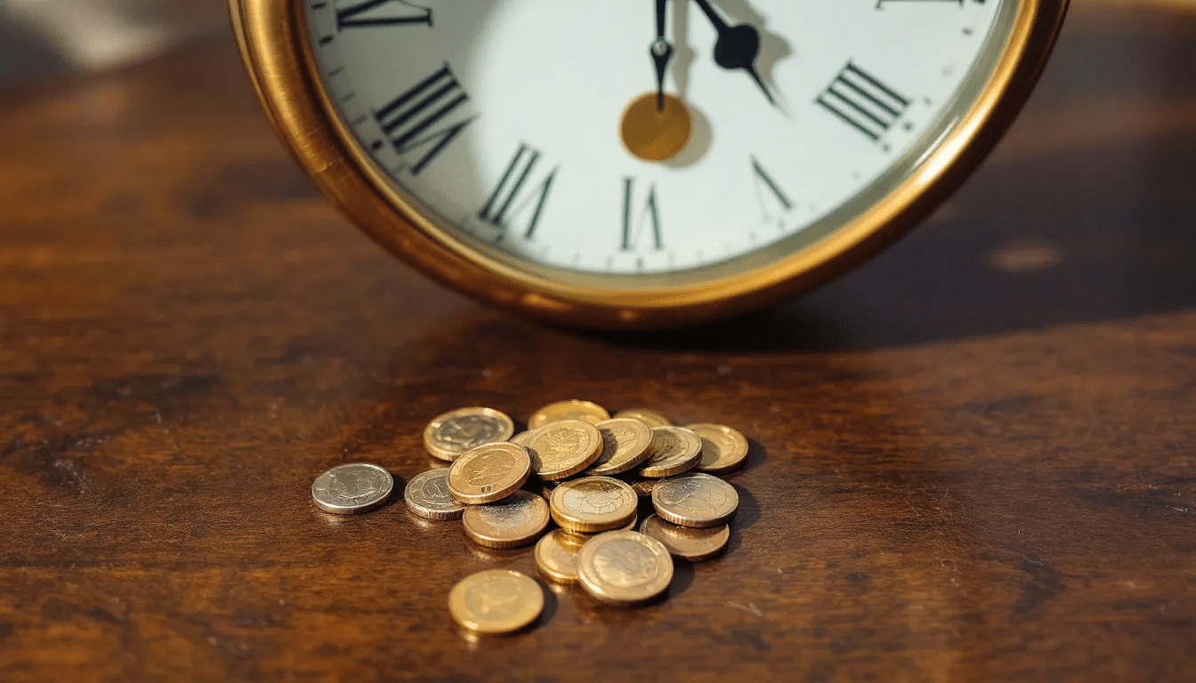 De afbeelding toont een klok en verschillende geldstukken, wat symbool staat voor de tijdsdruk en financiÃ«le aspecten die vaak een rol spelen in mediation bij arbeidsconflicten. Deze elementen kunnen ook wijzen op het belang van heldere afspraken en effectieve communicatie tussen betrokken partijen om een duurzame oplossing te bereiken.