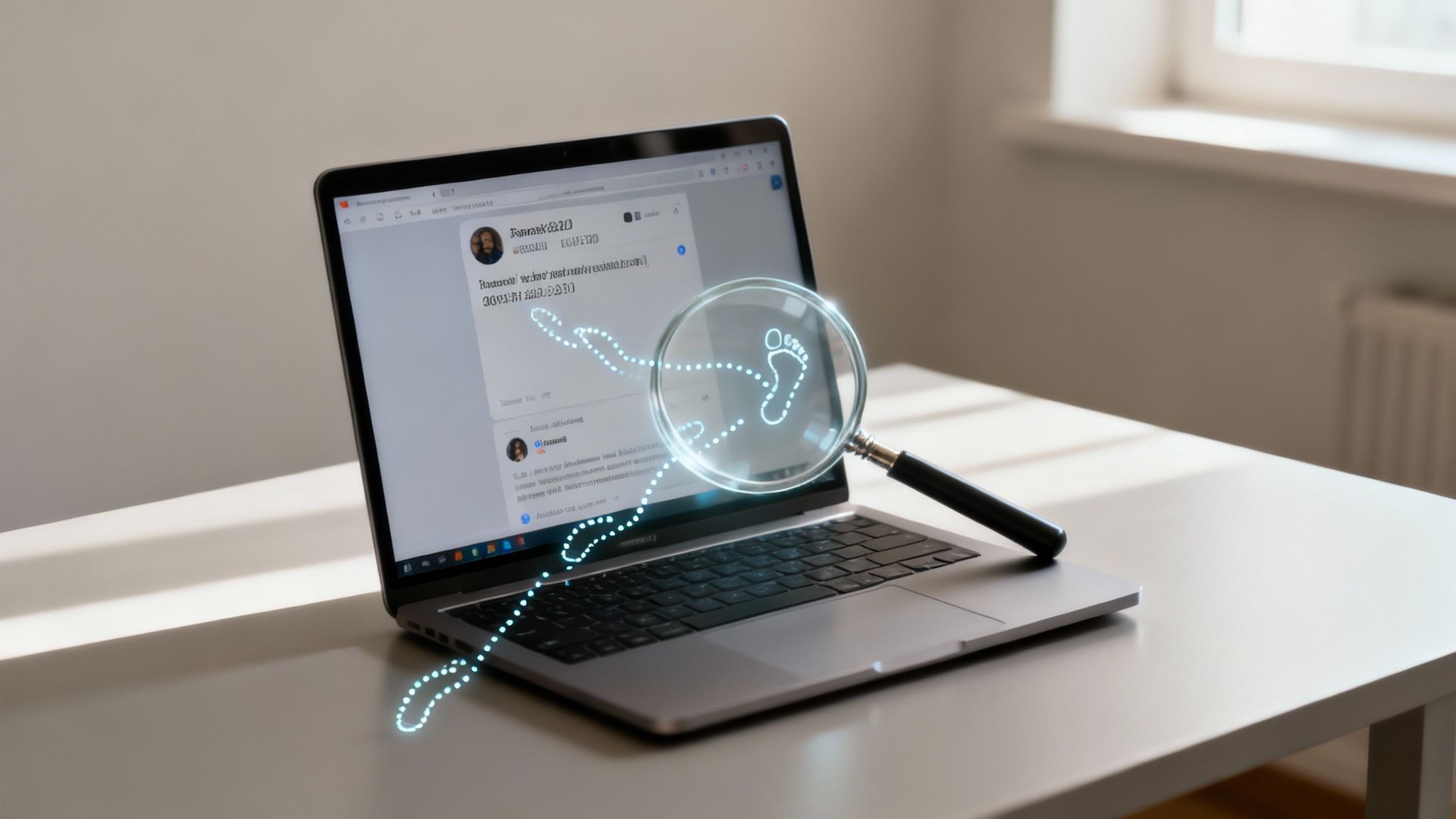 A magnifying glass hovering over a smartphone screen displaying social media icons.