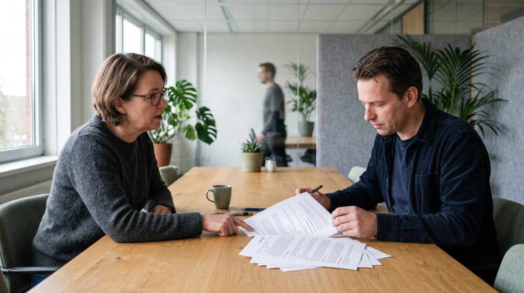 Two business people reviewing a clause in a commercial contract at a table in a Dutch office