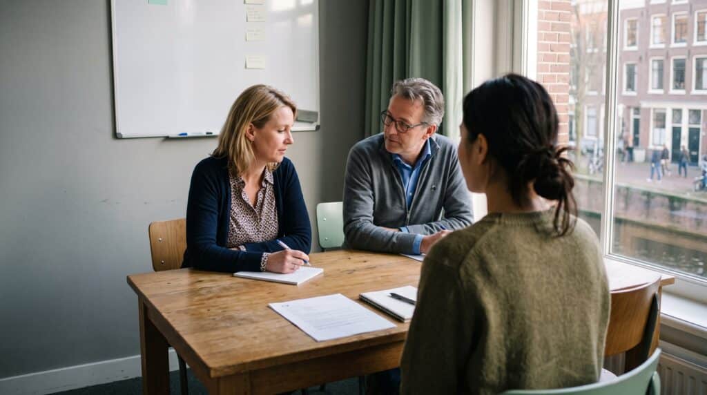 Employee reporting harassment at work in a meeting with two managers in a Dutch office