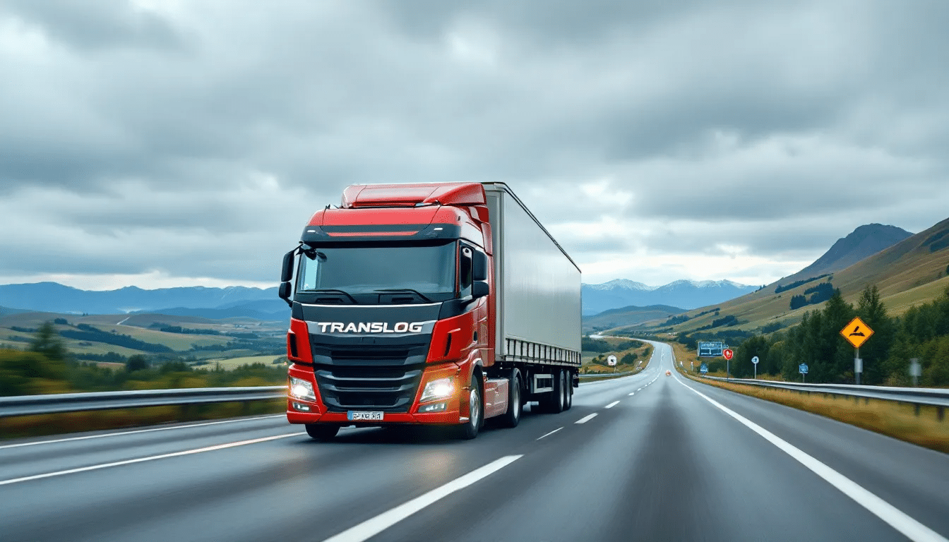 Een vrachtwagen rijdt op een internationale weg tussen verschillende landen, wat duidt op grensoverschrijdend wegvervoer. Dit beeld weerspiegelt het belang van het CMR-verdrag voor het internationaal vervoer van goederen over de weg.