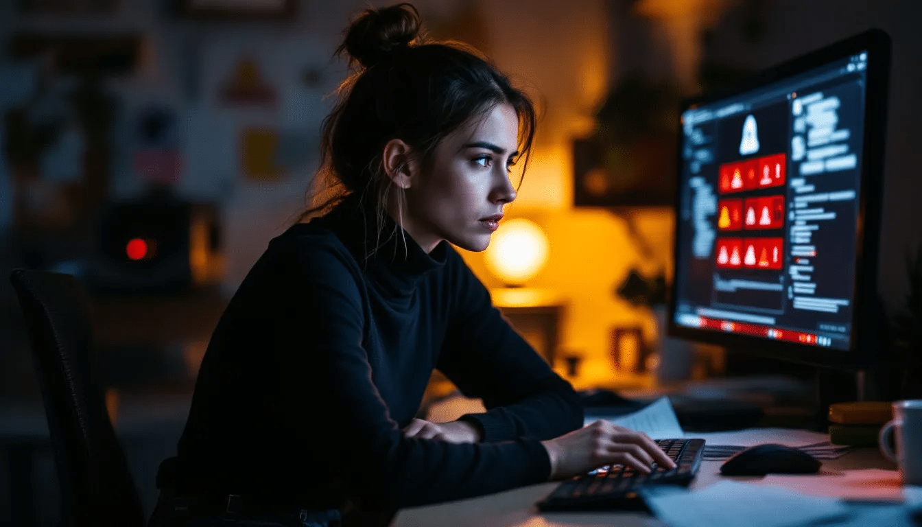 Een persoon kijkt bezorgd naar een computerscherm met waarschuwingssymbolen, wat duidt op mogelijke online oplichting of fraude. De uitdrukking op hun gezicht suggereert dat ze zich bewust zijn van de risico's van misleiding en identiteitsfraude.