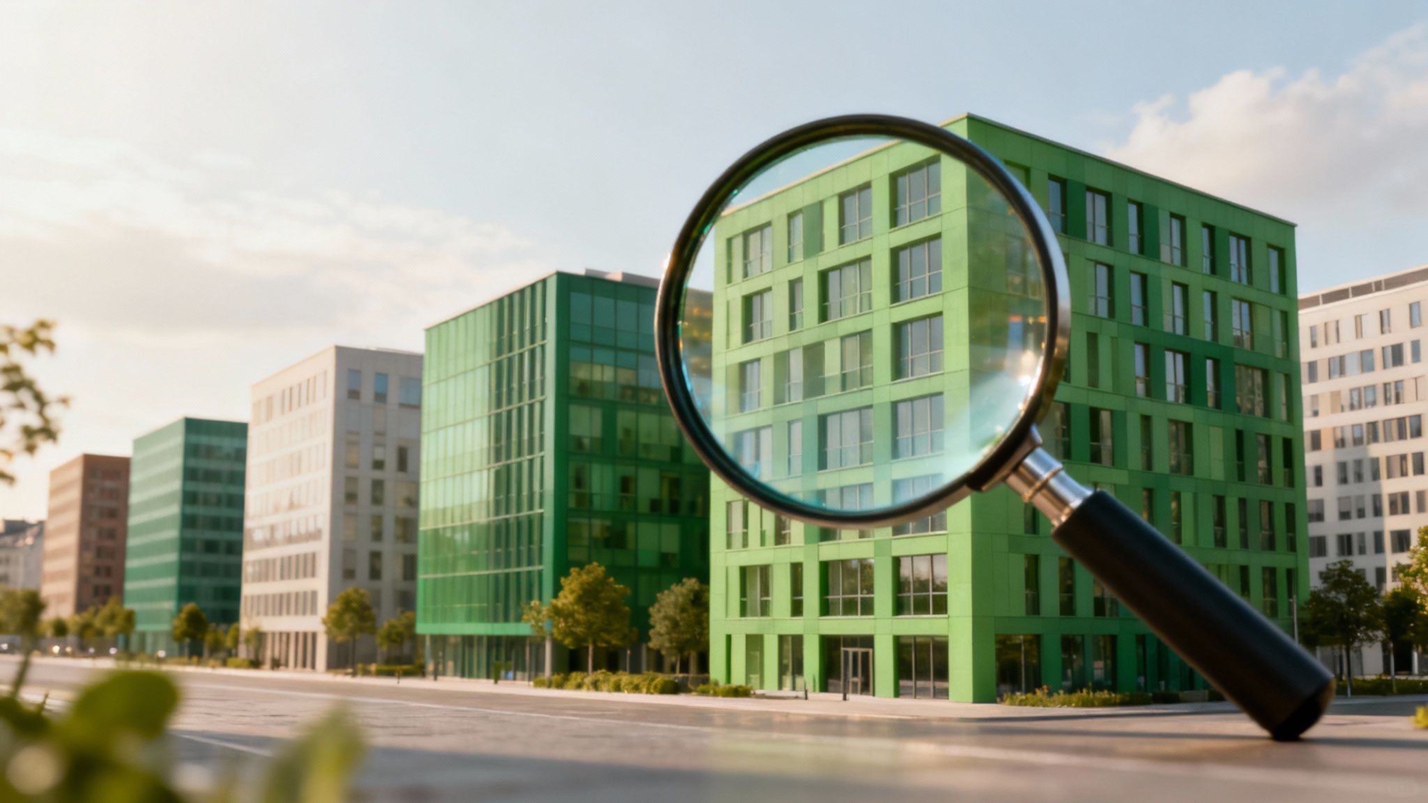 A magnifying glass hovering over a green leaf, symbolising scrutiny of environmental claims