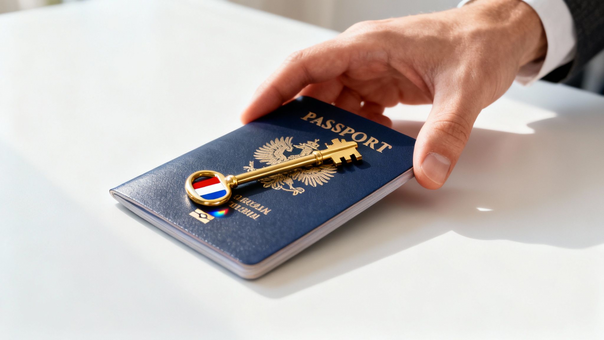 A person is shown holding a passport and a work permit, with an iconic Dutch canal house in the background.