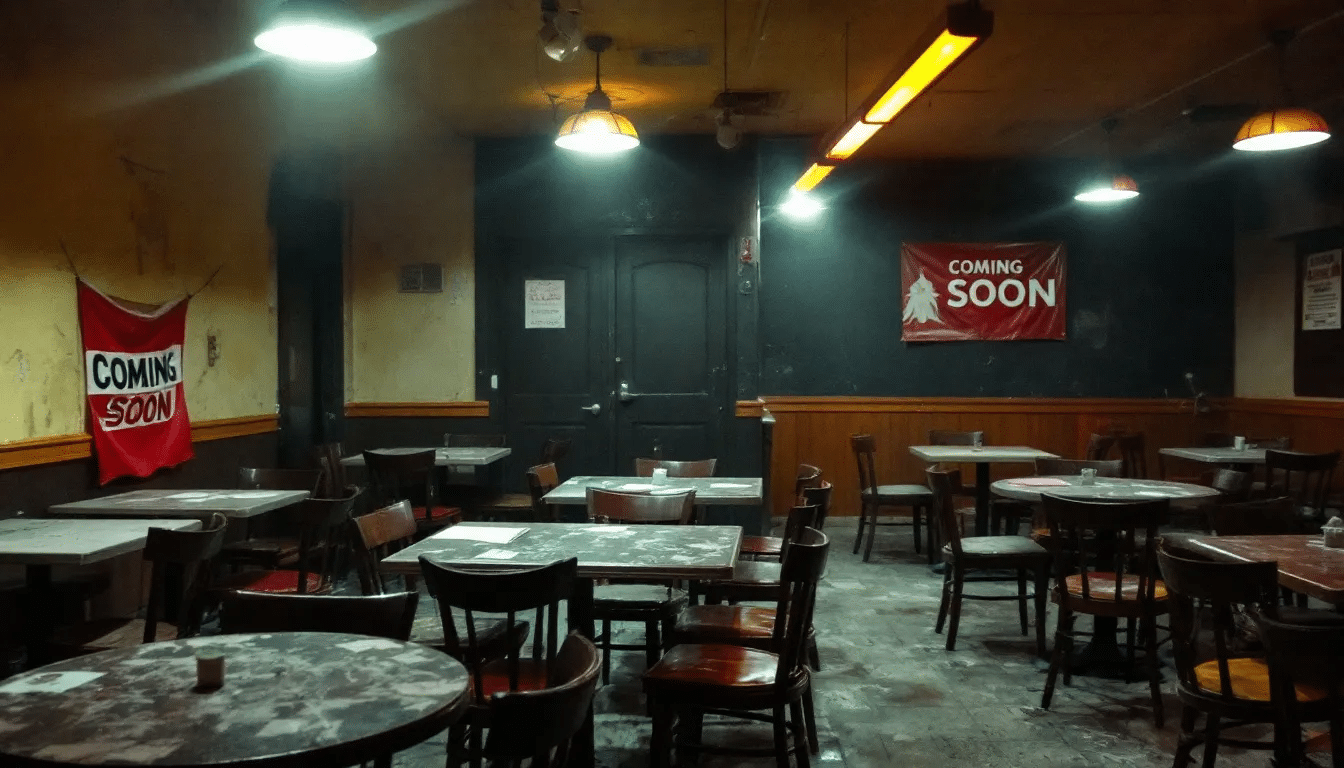 Het interieur van een restaurant met lege tafels en stoelen, die tekenen van sluiting vertonen. De sfeer is somber, wat kan wijzen op een mogelijke faillissementsaanvraag of financiÃ«le problemen binnen de organisatie.