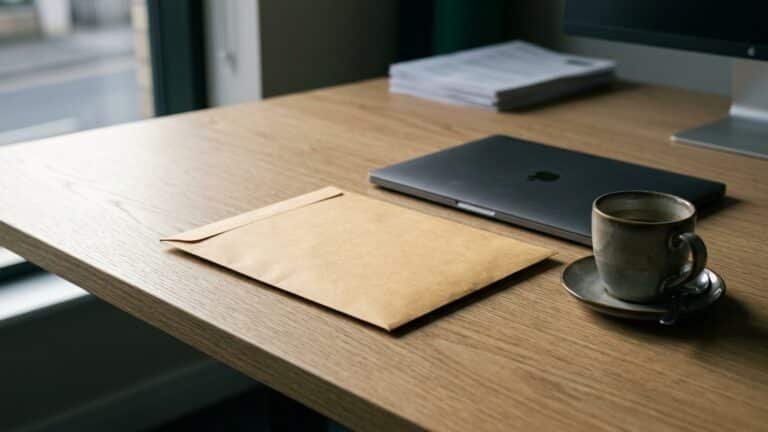 An unopened official letter on a company desk beside a laptop in the morning light