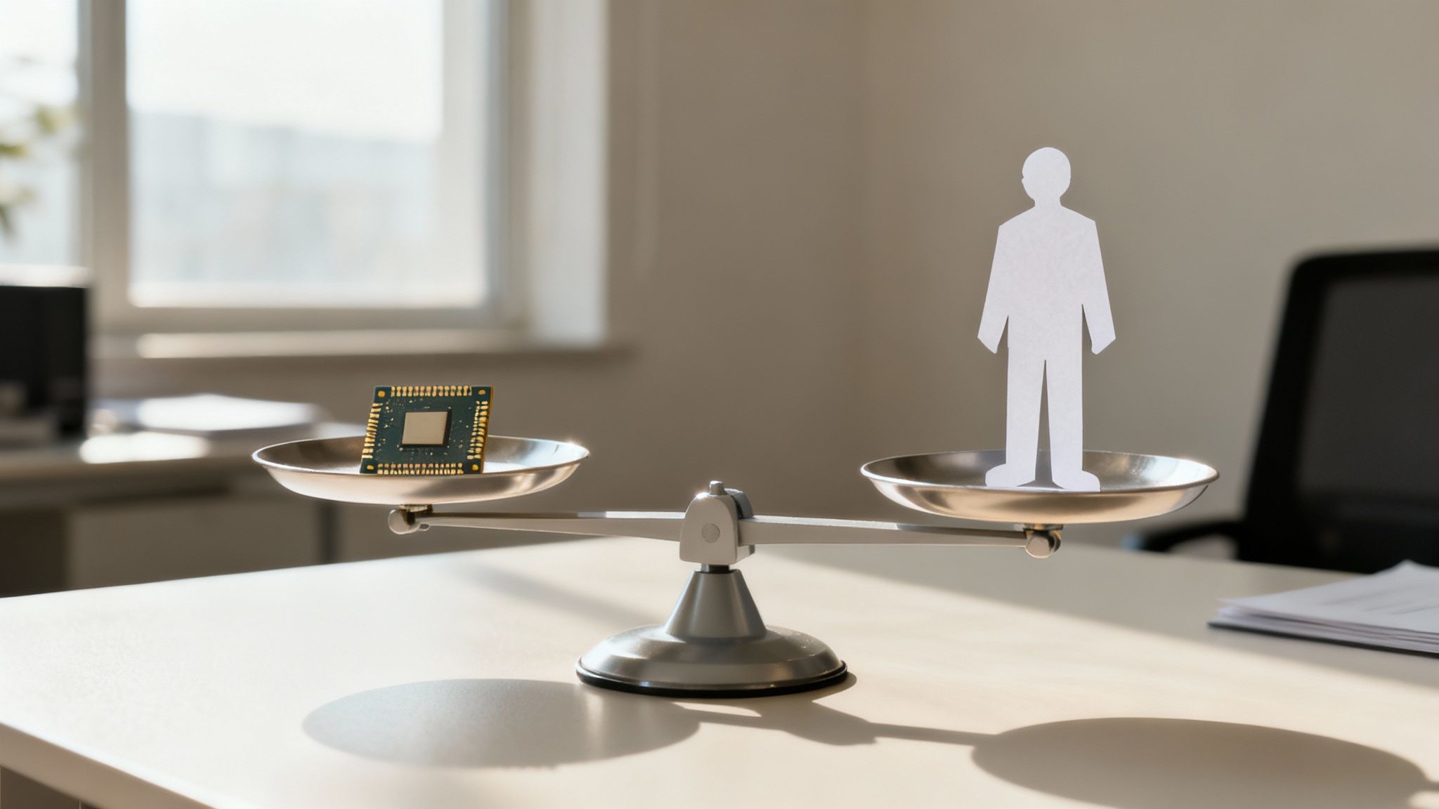A symbolic image of scales of justice with a microchip on one side and a person on an other