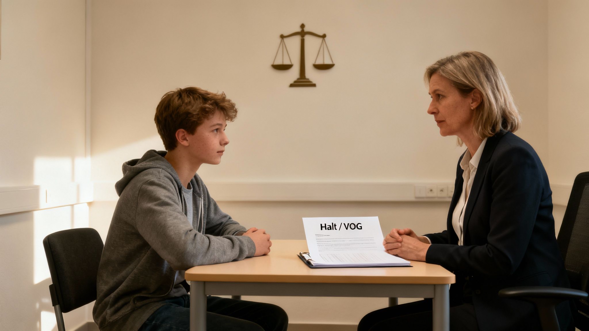 A modern, balanced scale of justice in a well-lit, professional setting.