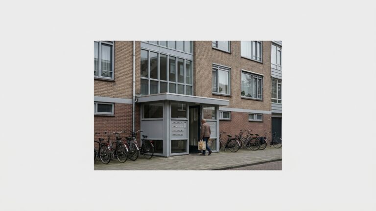 A mid-market Dutch apartment block on a quiet street with bicycles at the entrance