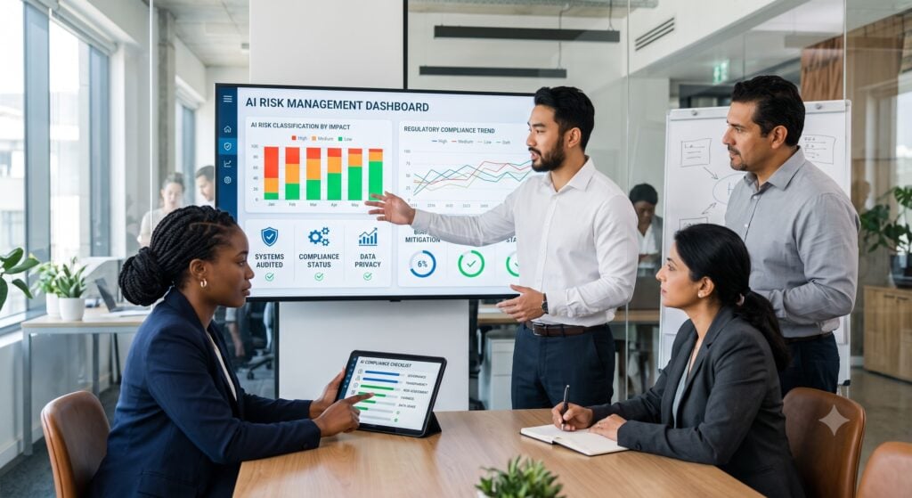 Professionals reviewing a high-risk AI systems compliance dashboard in a meeting