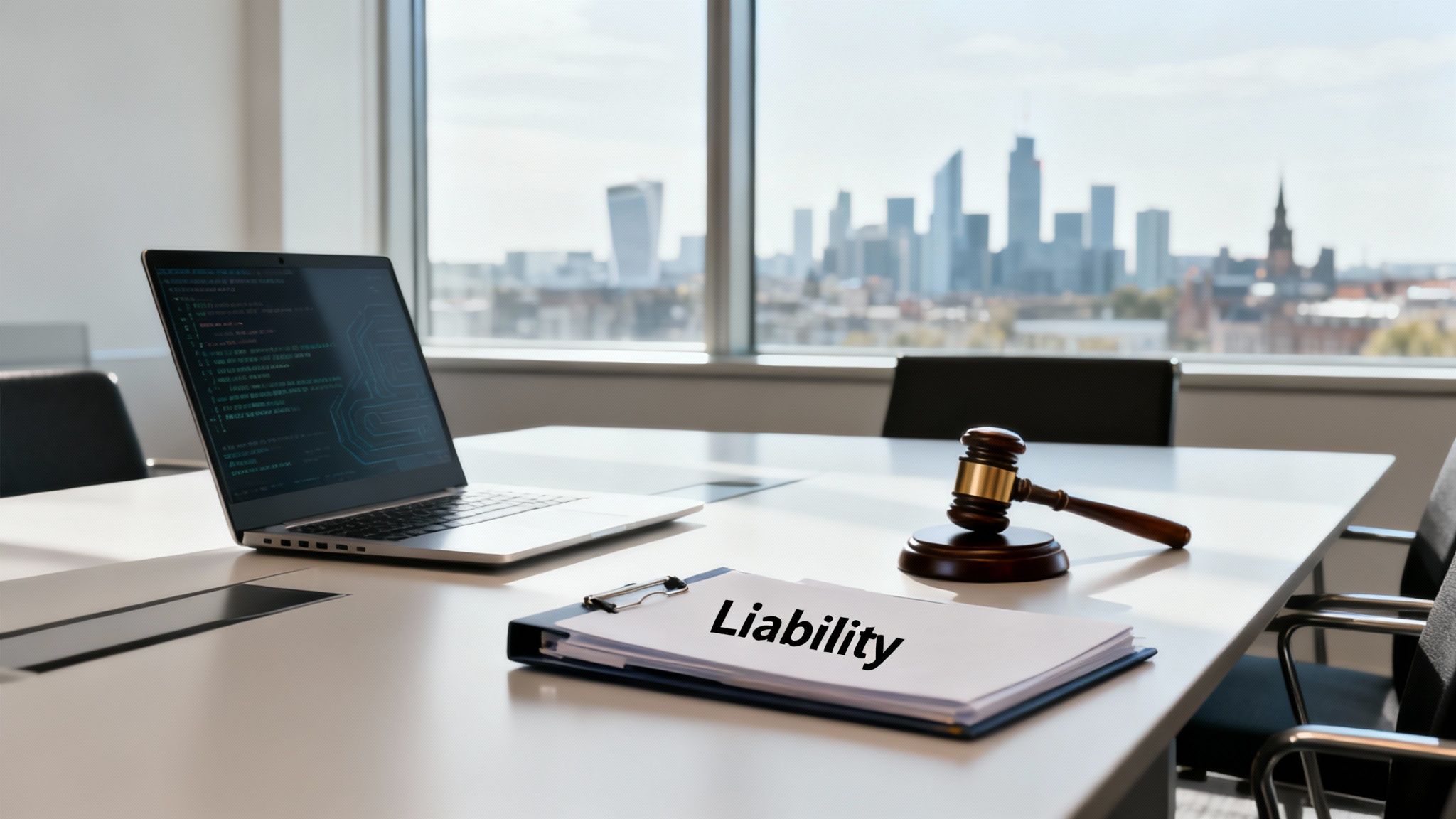 Legal gavel, laptop with code, and 'Liability' document on a desk in a modern office with city views.