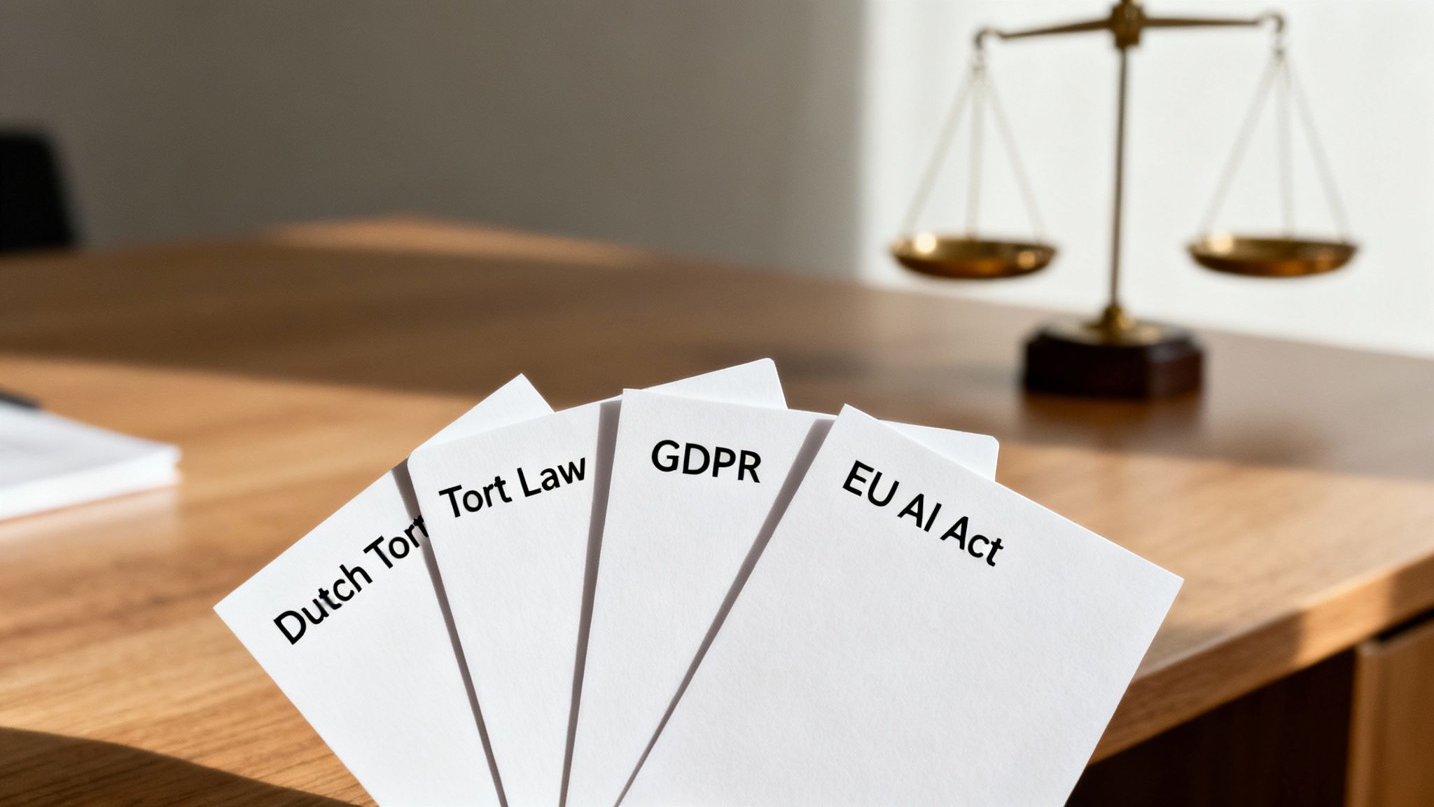 Hand holding cards with legal terms: Dutch Tort, Tort Law, GDPR, and EU AI Act.